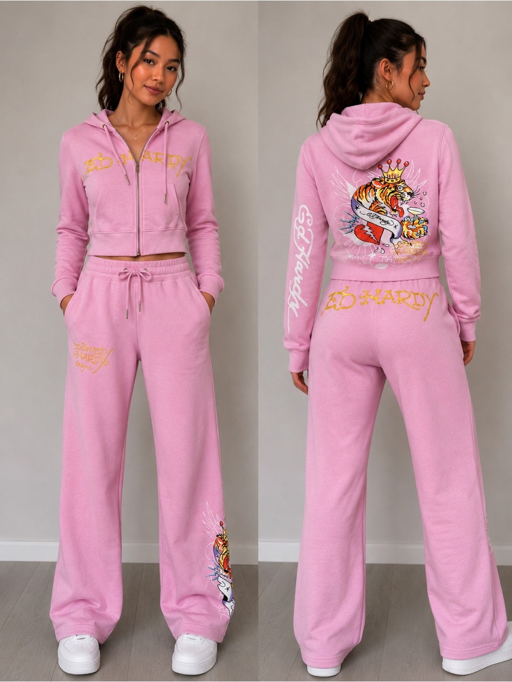 Ed Hardy womens Pink Tattoo Graphic Hoodie & Sweatpants Set
